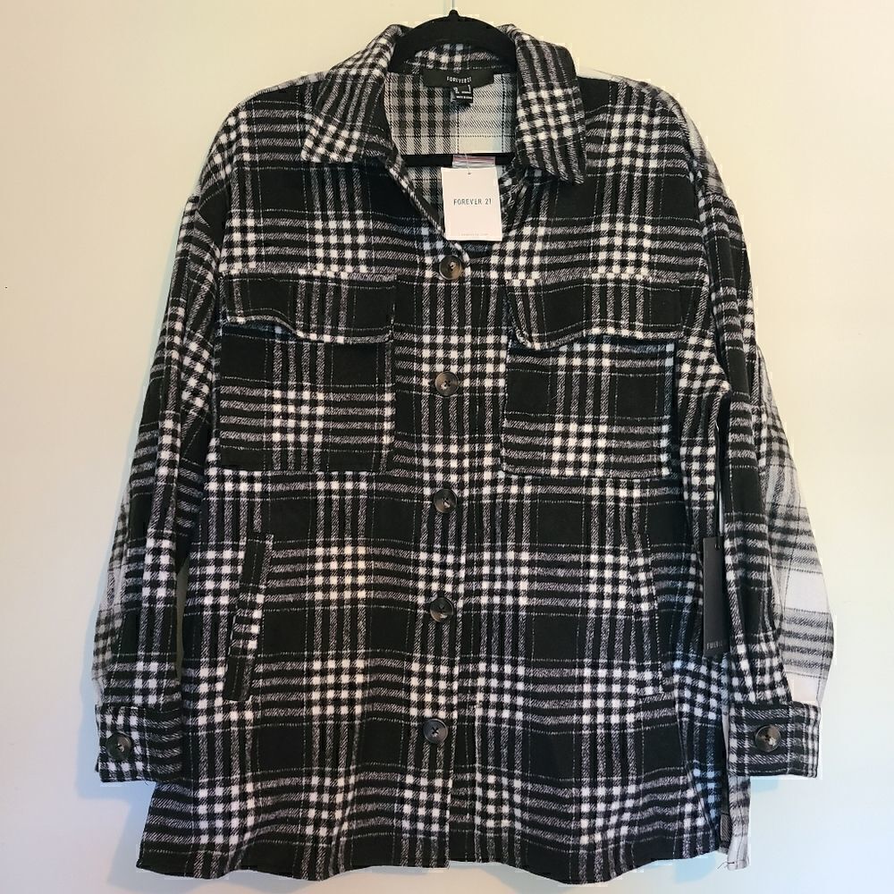 NEW Two Tone Black Plaid Drop Sleeve Shacket Forever 21 Size Small
